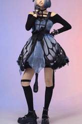 ブラック/ブルー バタフライ エフェクト ノースリーブ プリント ちょう結びバージョン ゴシック パンク ロリータ ドレス